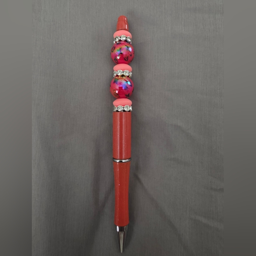 Designer Inspired Red Beaded Pen with Silver Accents